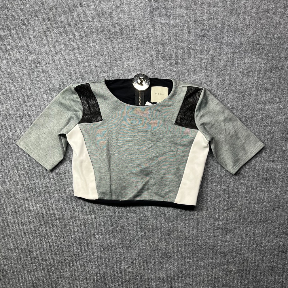 Mason Lambskin Shoulder Panels Crop Top Women's Gray Cream USA Made - P NWT